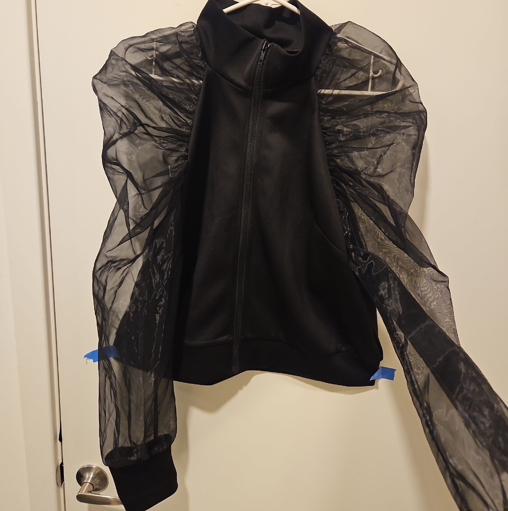 SHEIN Black Zip-Up Jacket with Sheer Puff Sleeves